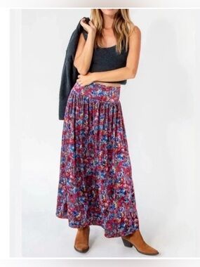 Natural Life Lisa Velvet Floral Red Boho Gathered Waist Maxi Skirt Size L